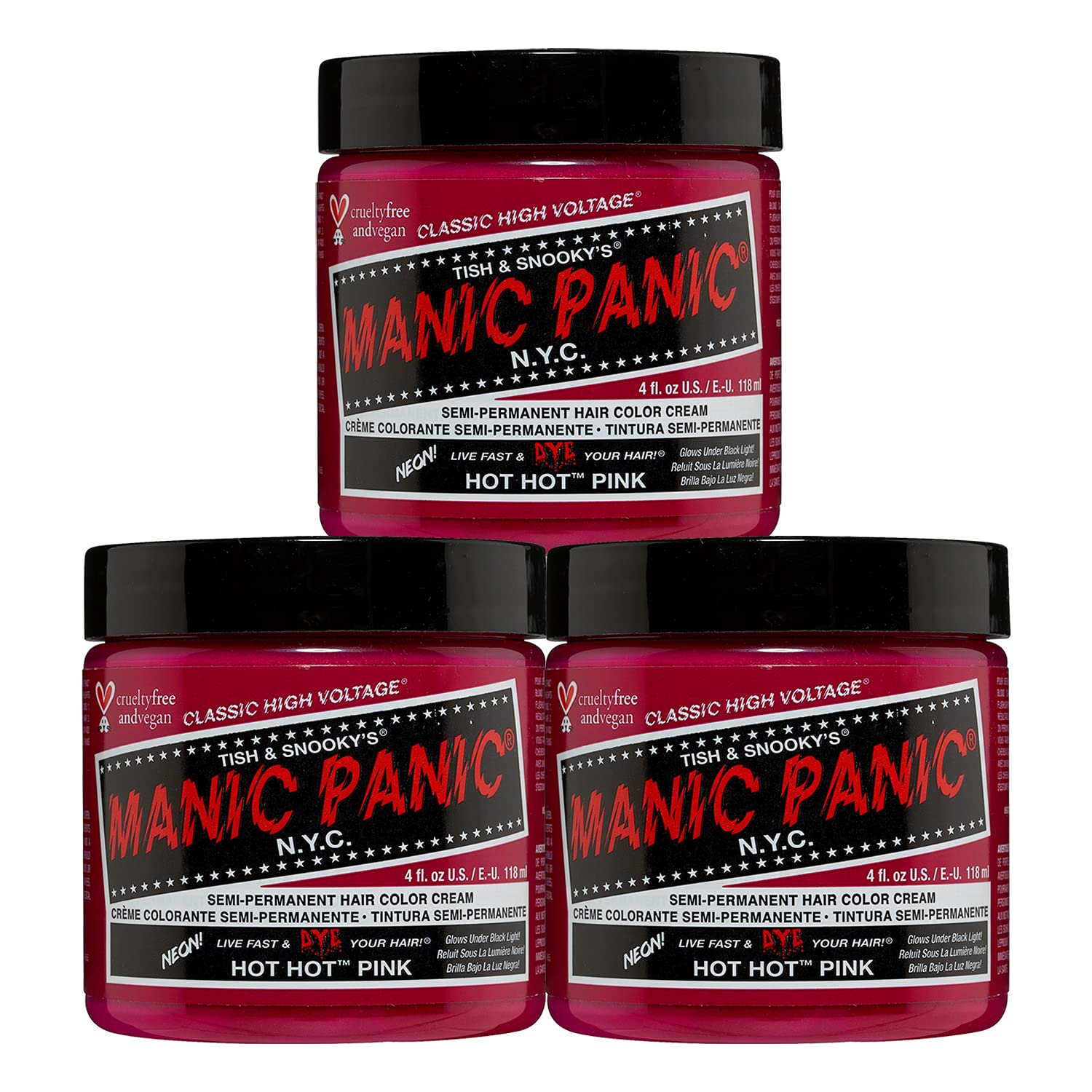 MANIC PANIC Classic Hot Hot Pink Semi Permanent Hair Color - Neon Pink Hair Dye for Women & Men That Lasts 4-6 Weeks - Vegan, Ammonia & Cruelty-Free - Create & Mix Custom Shades (4oz / 3pk)