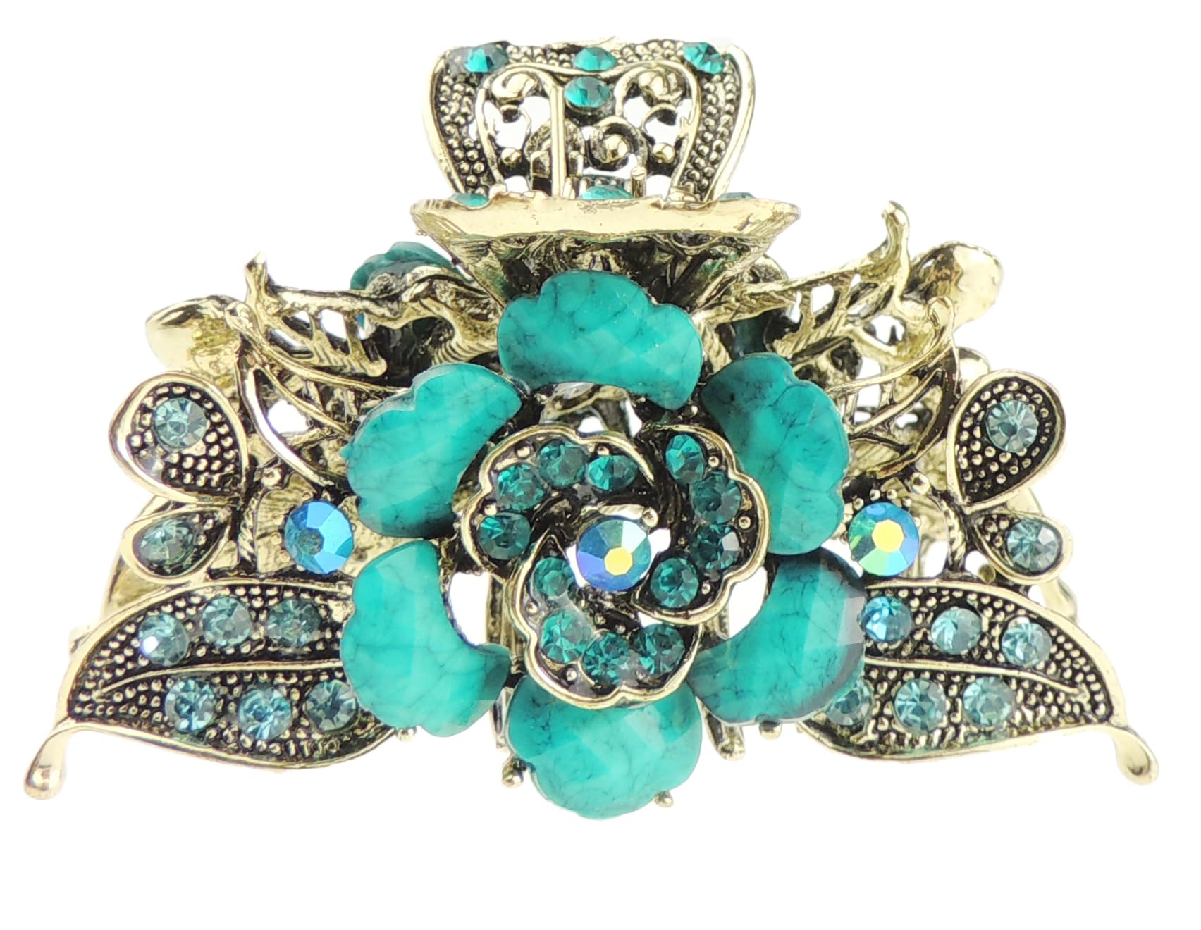 Womens Metal Wedding Rhinestone Crystal Bridal Bride Party Prom Strong Gold Tone Vintage Look Rose Flower Hair Accessory Up Do Octopus Bulldog Crab Styling Claw Grip Clamp Clip (Turquoise)