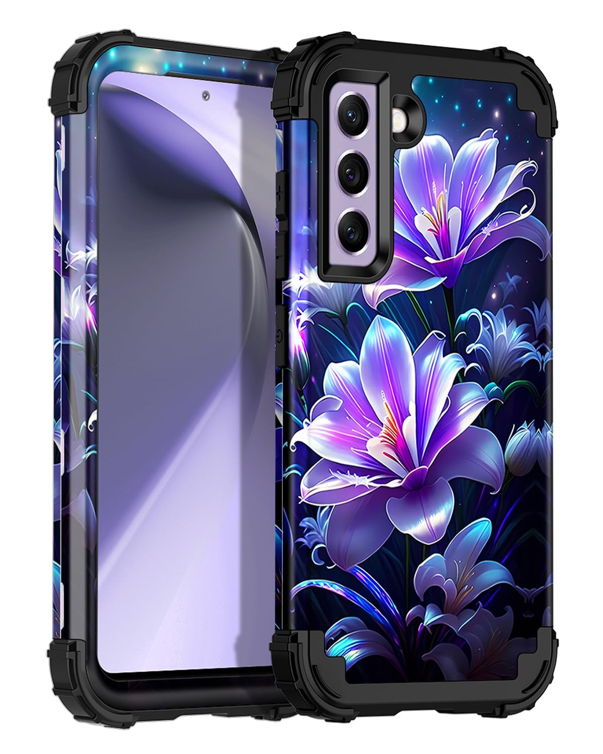 Rancase for Galaxy S21 FE 5G Case,Three Layer Heavy Duty Shockproof Protection Hard Plastic Bumper +Soft Silicone Rubber Protective Case for Samsung Galaxy S21 FE 5G,Purple/Black Flower