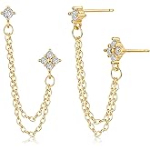 Gold Double Piercing Earrings for Women, 14K Gold Plated Cubic Zirconia Dangle Chain Stud Earrings, Dainty Connector Two Hole Earrings Jewelry Gift
