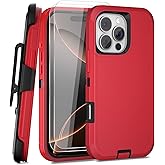 JGS for iPhone 16 Pro Case 6.3", Military Grade 3 in 1 Heavy Duty Shockproof/Drop Proof Case with 2 PCS Tempered Glass Screen Protector, Includes Holster Clip Kickstand (Red Black)