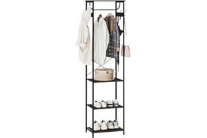 Cerlyunzan Coat Rack With Hanging Rod, Garment Rack With 3 Wooden Shelves and 4 Hooks, Freestanding Hall Tree, Industrial Clo