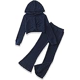 XUANHAO Girls Clothes Fall Winter Teen Outfits for Girl Rib Knit Twist Front Hoodie Flare Pants Sweatsuit Girls Clothing Set