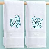 White Hand Towel for Bathroom, 2PC Large 16"x30" - 100% Cotton | Quick Dry | 500GSM | Soft | Absorb, Embroidered Hand Towels, Beach Towel with Aqua Blue Pattern, Coastal Theme Seahorse + Shell + Pearl