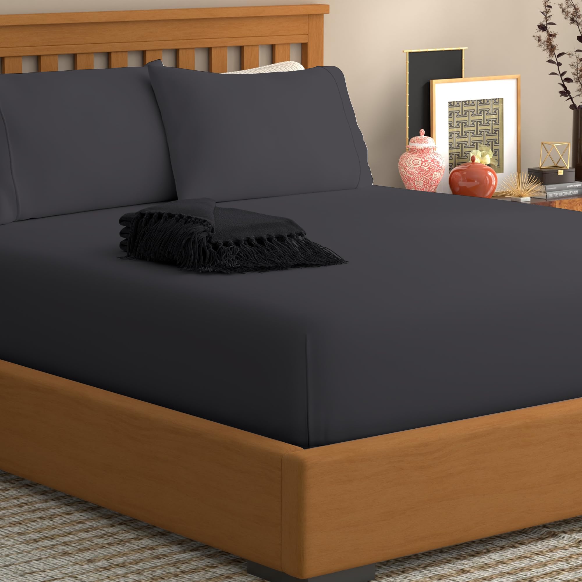 The Cotton Exchange Manchester Premium 300 Thread Count King Size Fitted Sheet with Deep Pockets - 100% Cotton - Soft & Silky - Sateen Weave Sheets - Elastic King Size Fitted Sheets - Dark Grey — image 1