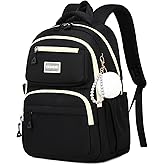 MOONBABY Girls Backpack Ages 6-12 Cute Color Matching School Bookbag for Elementary Middle School (with Pom Pom Keychain)