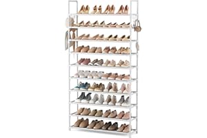 VTRIN 10 Tiers Shoe Rack Tall Large Capacity 50 Pairs Wide Shoe Organizer Sturdy Shoe Shelf for Entryway with Two Hooks Metal Shoe Storage for Closet, Bedroom, White, XJ-113