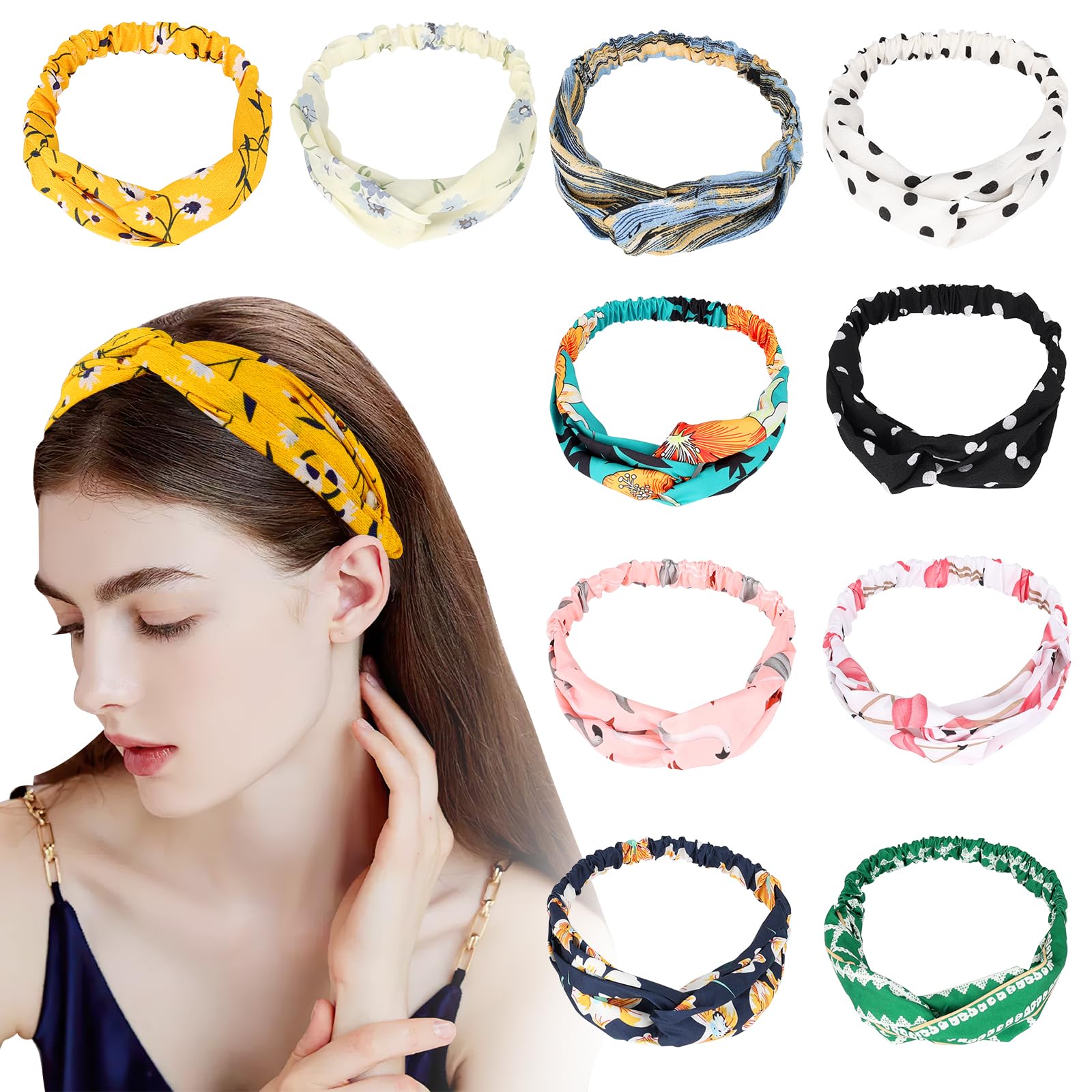 Dadabig 10 pack Vintage Twist Bow Wired Headbands, Head Scarf Bows Iron Wire Rabbit Ears Hair Accessories Yoga Wraps Sports Elastic Turban for Girls Women Hairdressing, 10 Styles