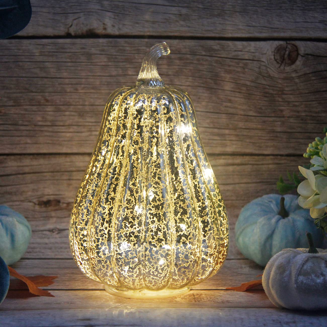 Photo 1 of CFDECOR Mercury Glass Pumpkin Light with Timer, with 10 Fairy Lights Inside, Battery Operated Led Pumpkin Lamp, Ideal for Halloween Fall Decor, Thanksgiving Rustic, Xmas Decoration (Silver) H:8.5"