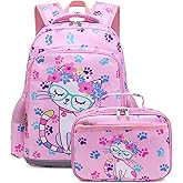Octsky Backpack for Girls Kids School Backpacks with Lunch Box Preschool Kindergarten BookBag Set With Chest Strap Cat Pink