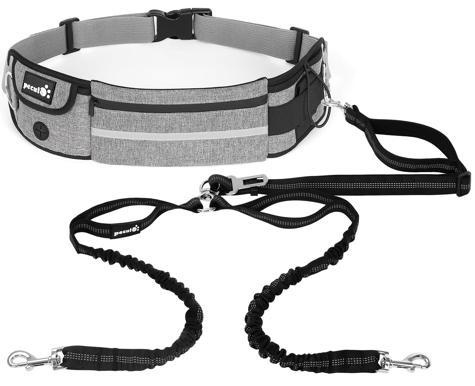 pecute Hands-Free Dog Running Leads, Adjustable Dog Walking Belt with Pockets & Poo Bag Holder, Durable 2 Handles & Reflective Jogging Bungee Lead for Small to Medium Dogs, Grey - 2 Leash