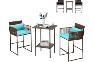AVAWING 3PCS Patio Wicker Bar Set, Outdoor Bistro Rattan Barstool Furniture, Height Table and Chairs for Backyard, Poolside, Balcony, Steel Frame w/Extra Set of Cushion Covers Dark Gray/Turquoise