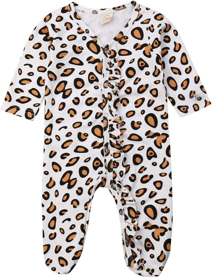 Newborn Infant Baby Girls Leopard Outfits Ruffle Romper Bodysuit One-Pieces Jumpsuit Footed Pajamas Clothes
