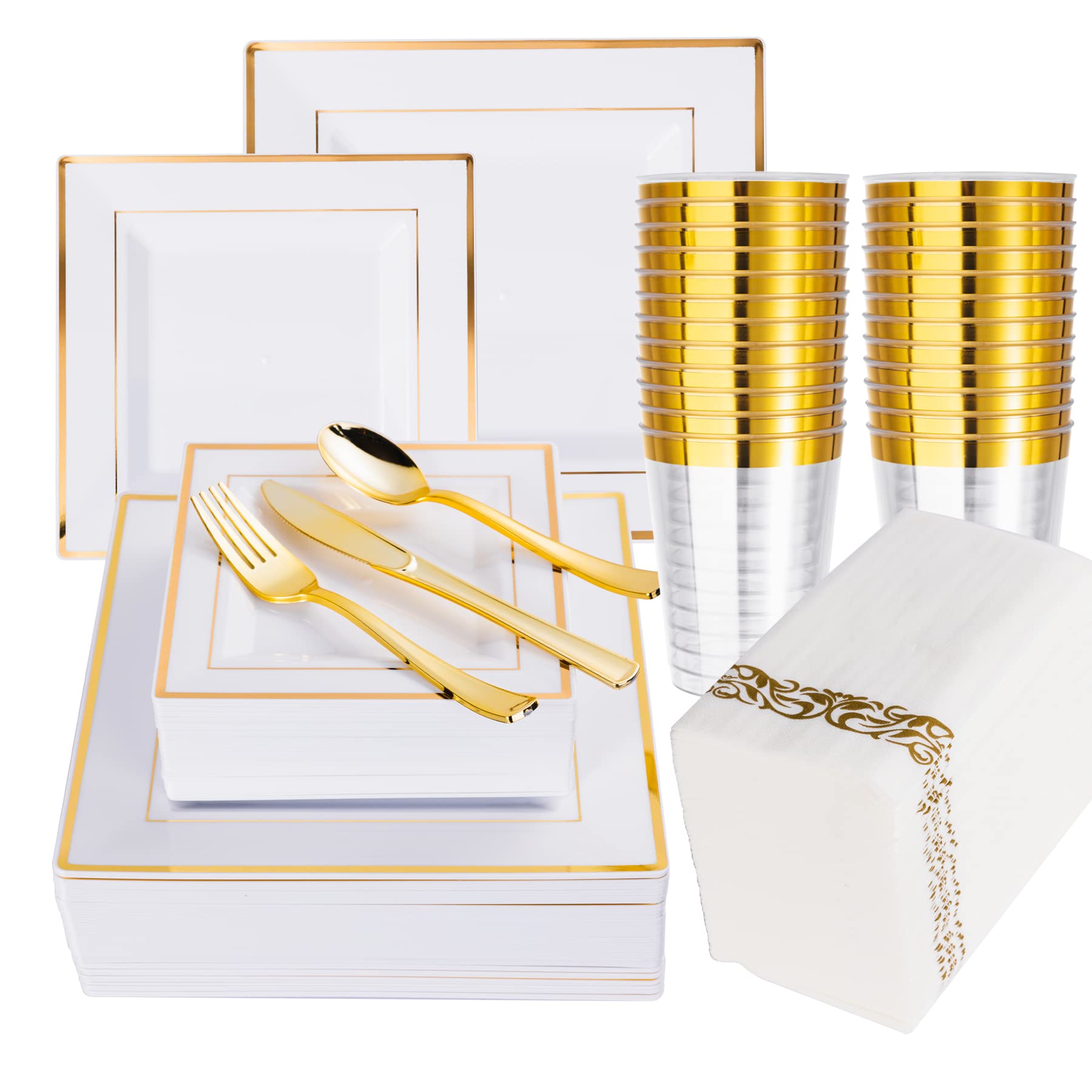 Photo 1 of N9R 50 Guest Gold Dinnerware Set-100 White Square Plastic Plates with Gold Rim, 50 Gold Plastic forks, 50 Spoons, 50 Knives, 50 Cups, 50 Napkins-Disposable Dinnerware Set for Wedding
