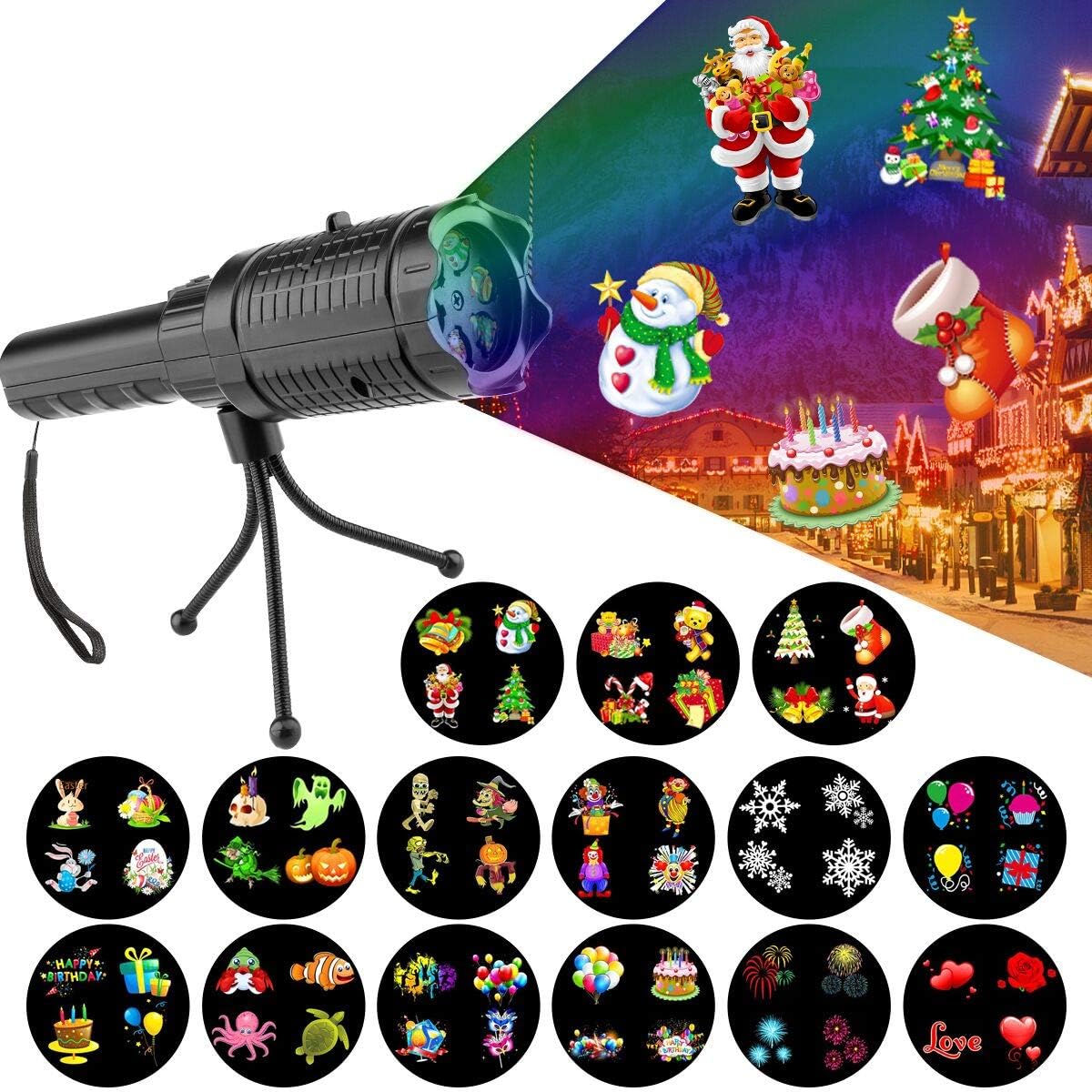 Hohoto Led Projector Light, Holiday Light Projector, Battery Operated Portable Projector Light with 15 Pattern Slides and Tripod for Party Holiday Decoration Xmas Gift