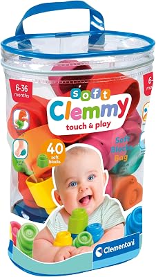 Clemmy - 40 Mattoncini per Costruzioni, Gioco Prima Infanzia Made in Italy, Bambini 18-36 Mesi, 100% Igienici e Lavabili, per Sviluppare Manualità, Percezione Visiva e Fantasia, 17878