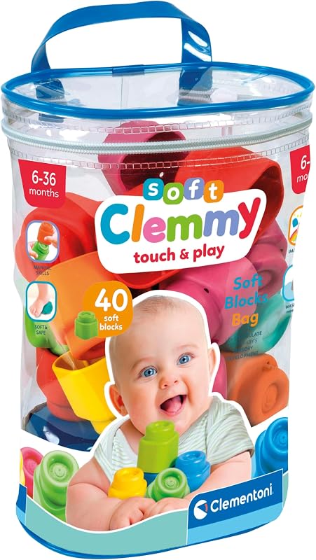Clemmy - 40 Mattoncini per Costruzioni, Gioco Prima Infanzia Made in Italy, Bambini 18-36 Mesi, 100% Igienici e Lavabili, per Sviluppare Manualità, Percezione Visiva e Fantasia, 17878