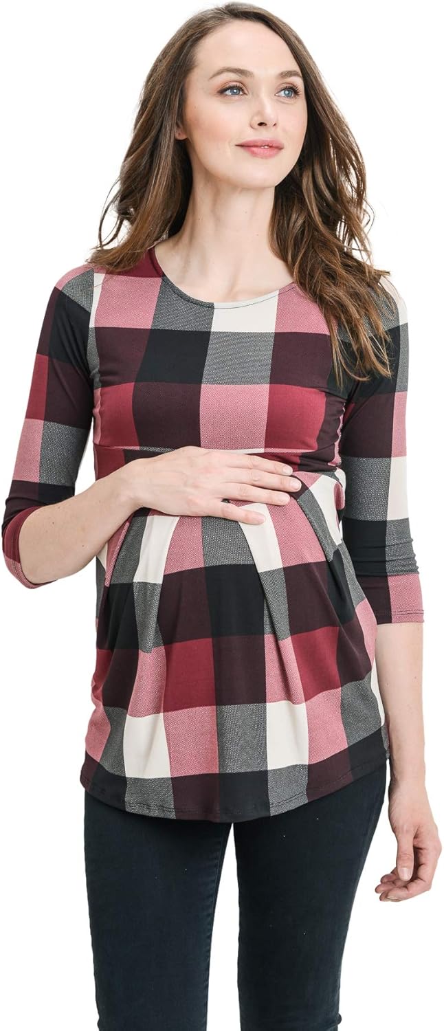 LaClef Women's Round Neck 3/4 Sleeve Front Pleat Peplum Maternity Top