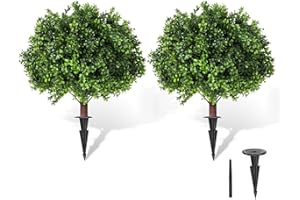 LadyRosian Artificial Boxwood Topiary Tree, 25 Inch 2 Set Outdoor Faux Boxwood Bush Plants,Indoor Ball Trees with Ground Spike, Fake Potted for Home Front Porch Decor Outside Garden