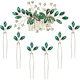 inSowni 7 Pieces Emerald Green Rhinestone Wedding Bridal Hair Side Comb Slide+U-shaped Hairpins Hair Accessories Headpieces for Women Girls Brides Bridesmaids