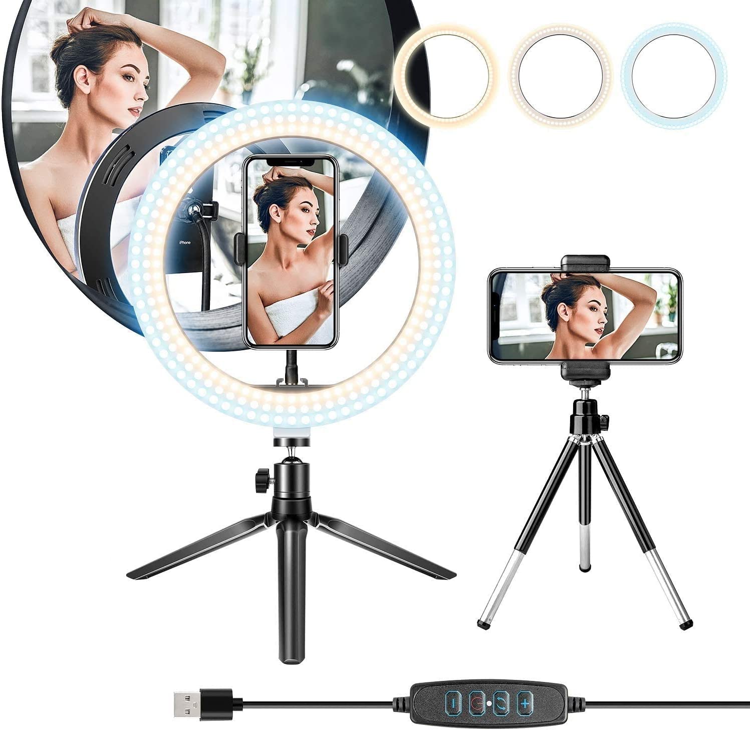 8 Inch Selfie Ring Light with Tripod Stand and Cell Phone Holder for Live Stream/Makeup, Led Camera Ringlight for YouTube Video/Photography Compatible with iPhone and Android phone