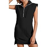 Fisoew Womens Summer Half Zip Sweatshirt Dresses V Neck Collared Sleeveless Workout Tunic Mini Dress