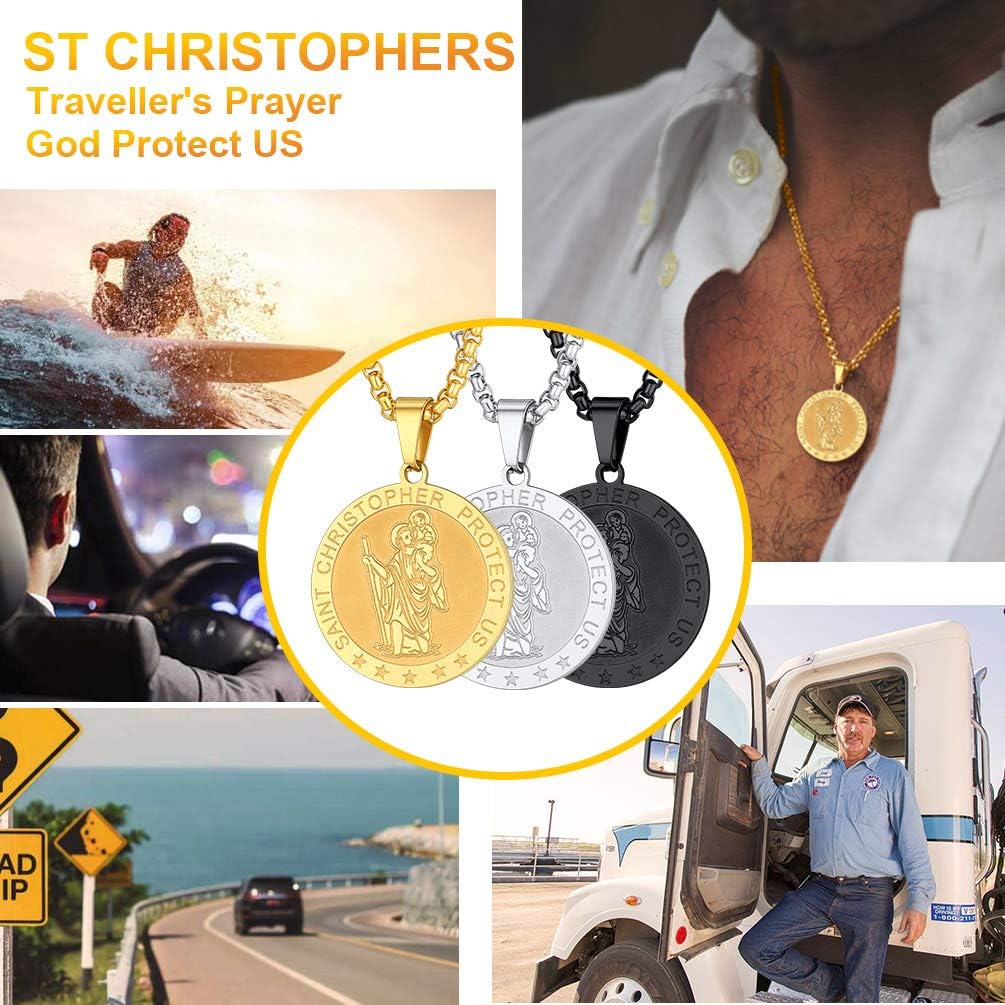 PROSTEEL St Christopher Necklace for Men Saint Christopher Pendant Chain, Catholic Protection Jewellery Silver Round (With Gift Box) - Image 4