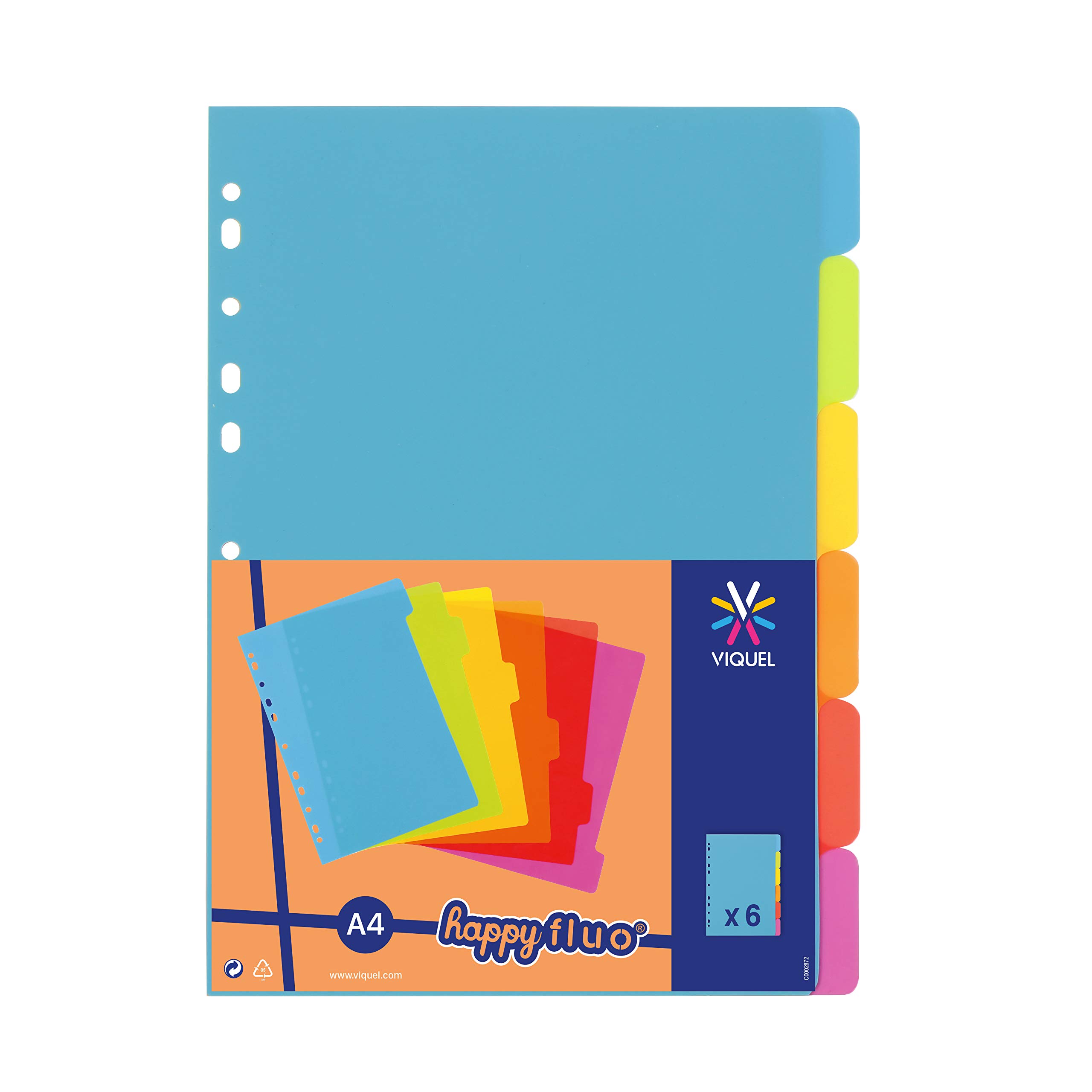 Viquel - Pack of 6 Plastic dividers - A4 Size (21 x 29.7 cm) - for A4 Binder - neon Colour