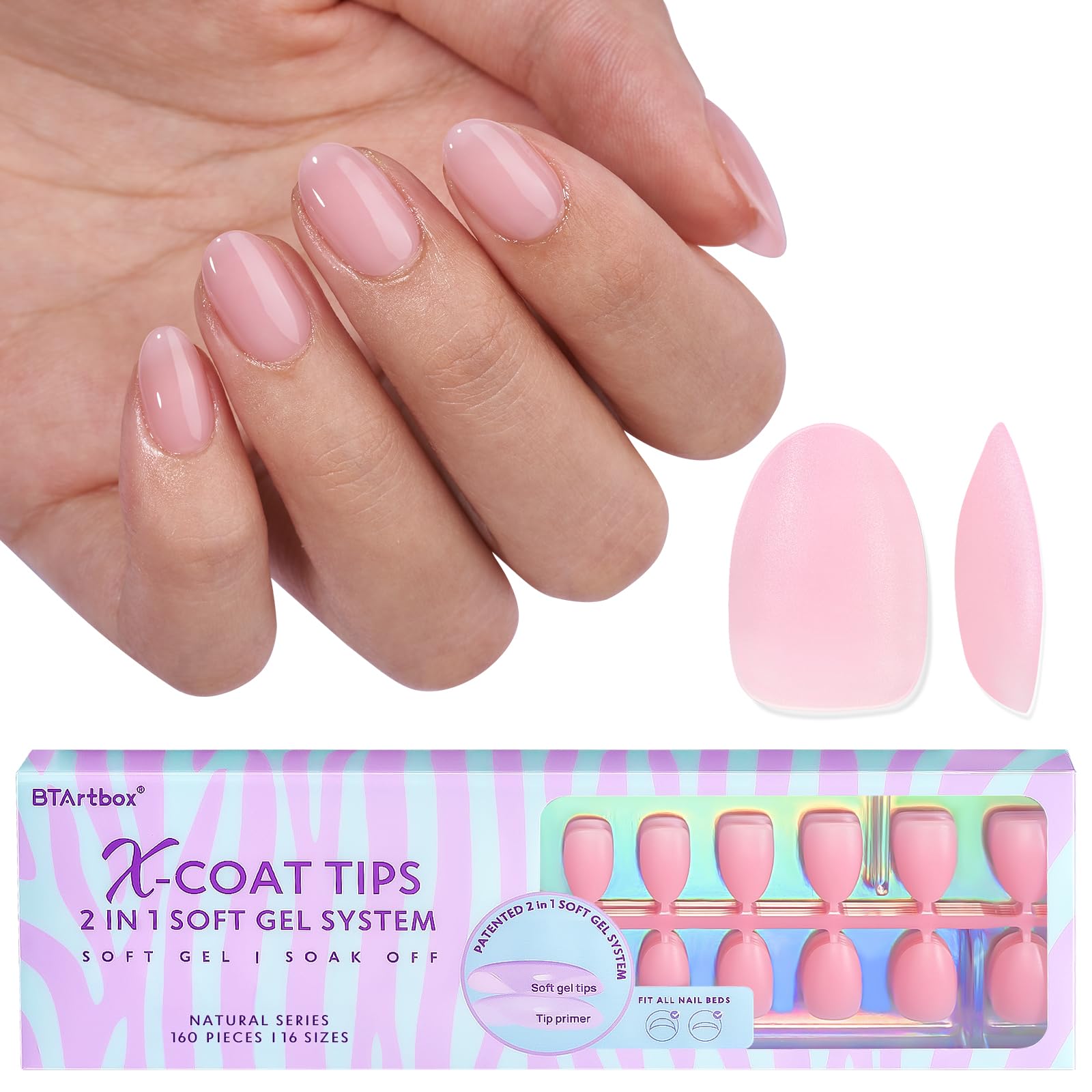 BTArtbox Extra Short Almond Nail Tips - XCOATTIPS Pink Press on Nails, Upgraded Full Matte Soft Gel Nail Tips Pre-applied Tip Primer for Women — image 1