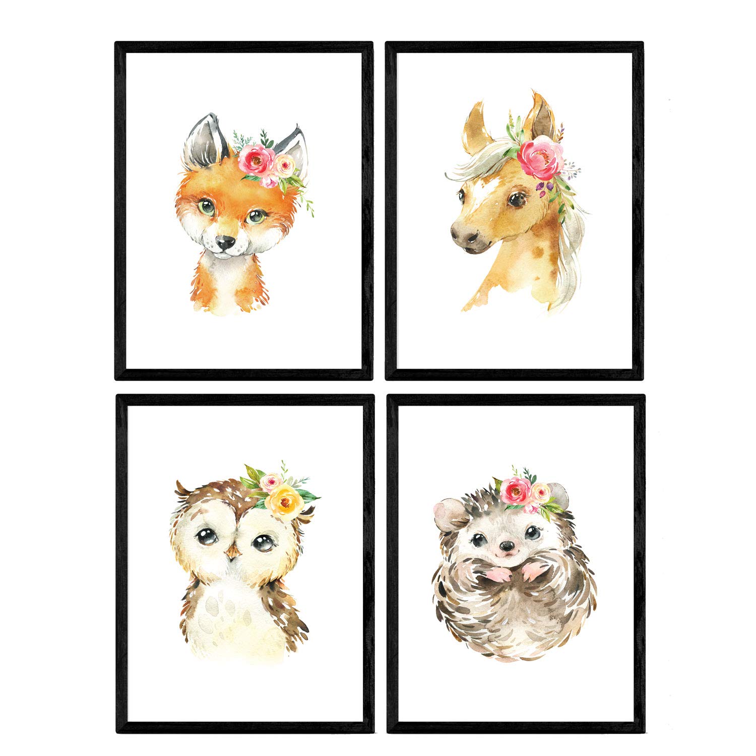 Nacnic Pack of four sheets with illustrations of animals. Posters with children's animal pictures. Hedgehog horse fox and owl. A3 size unframed