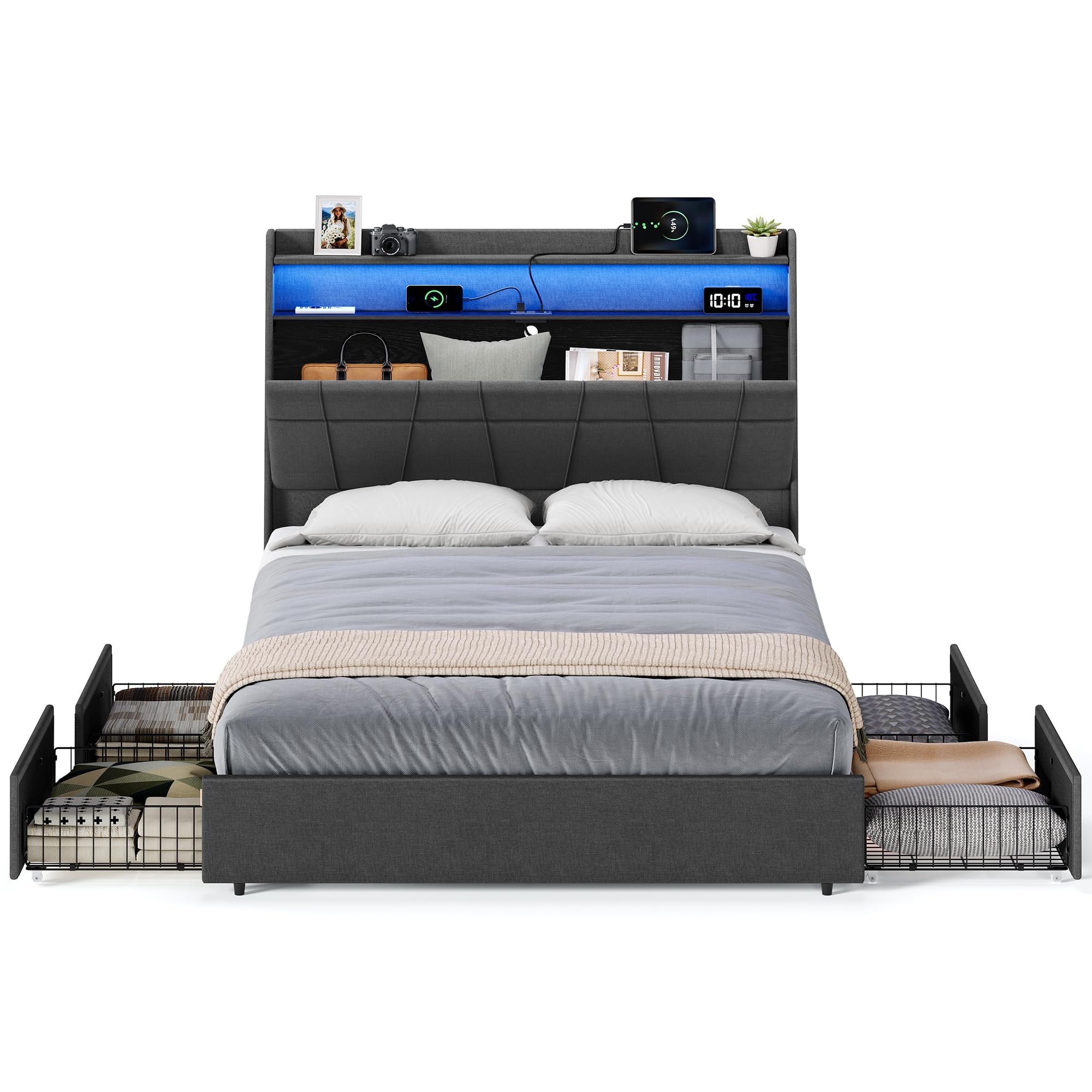 Photo 1 of *CRATES ONLY* VASAGLE Queen Bed Frame with 51.4 Inch Tall Storage Headboard, Bed Frame Queen Size with 4 Storage Drawers on Wheels, LED Lights, Charging Station, No Box Spring Needed, Modern, Dark Gray URMB891G02
