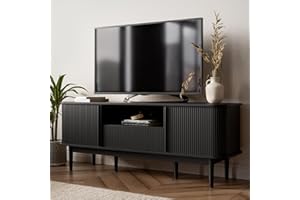 MAISONARIA 63" Black TV Stand, Fluted Entertainment Center for TVs up to 70'', Modern TV Stand with Storage, Entertainment Center with Sliding Doors, Wood Media Console for Bedroom, Living Room
