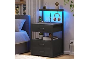 VIAGDO Led Nightstand with Charging Station, 3 Drawers Night Stands with Led Lights, Black Bedside Tables with Storage Shelves, Modern End Side Tables for Bedroom, Office