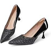 congliji Women's Kitten High Heels 2 Inch Sequin Pointed Toe Leather Pumps Comfortable Slip On Wedding Party Dress Stilettos Shoes