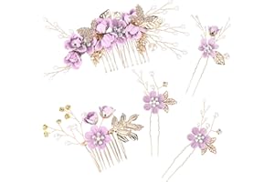 FRIUSATE 5 PCS Wedding Hair Accessories Set Bridal Hair Comb, Purple Bridesmaid Hair Accessories Flower Rhinestone Handmade Pearl Crystal Floral Leaf Hair Clip for Women Girls Bride Prom Wedding Party