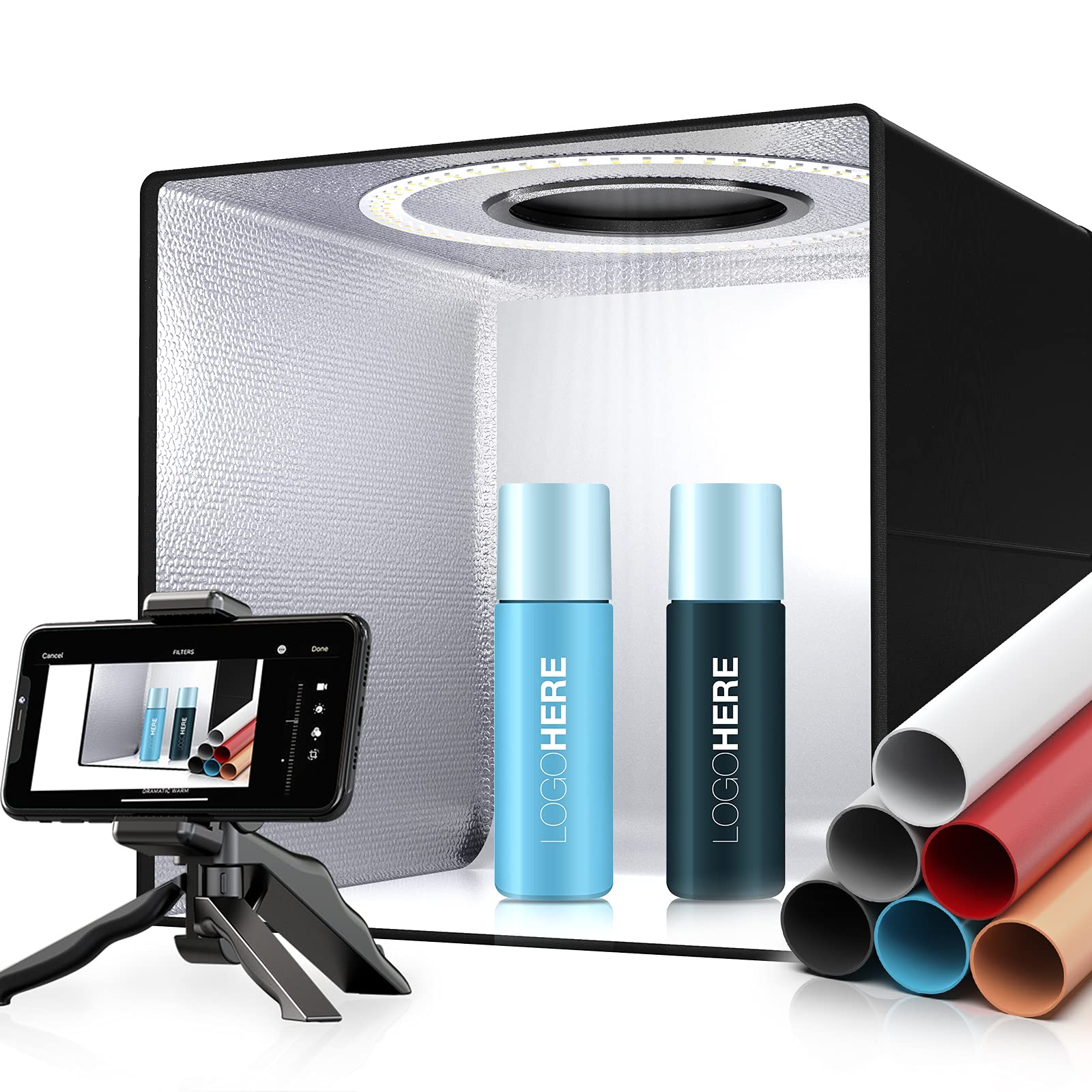 SAMTIAN Photo Studio Light Box 12 in/30cm Portable Folding Photography Light Tent 3200-6500K Adjustable 120 Led Lamp Beads and 6 Colors Backdrops