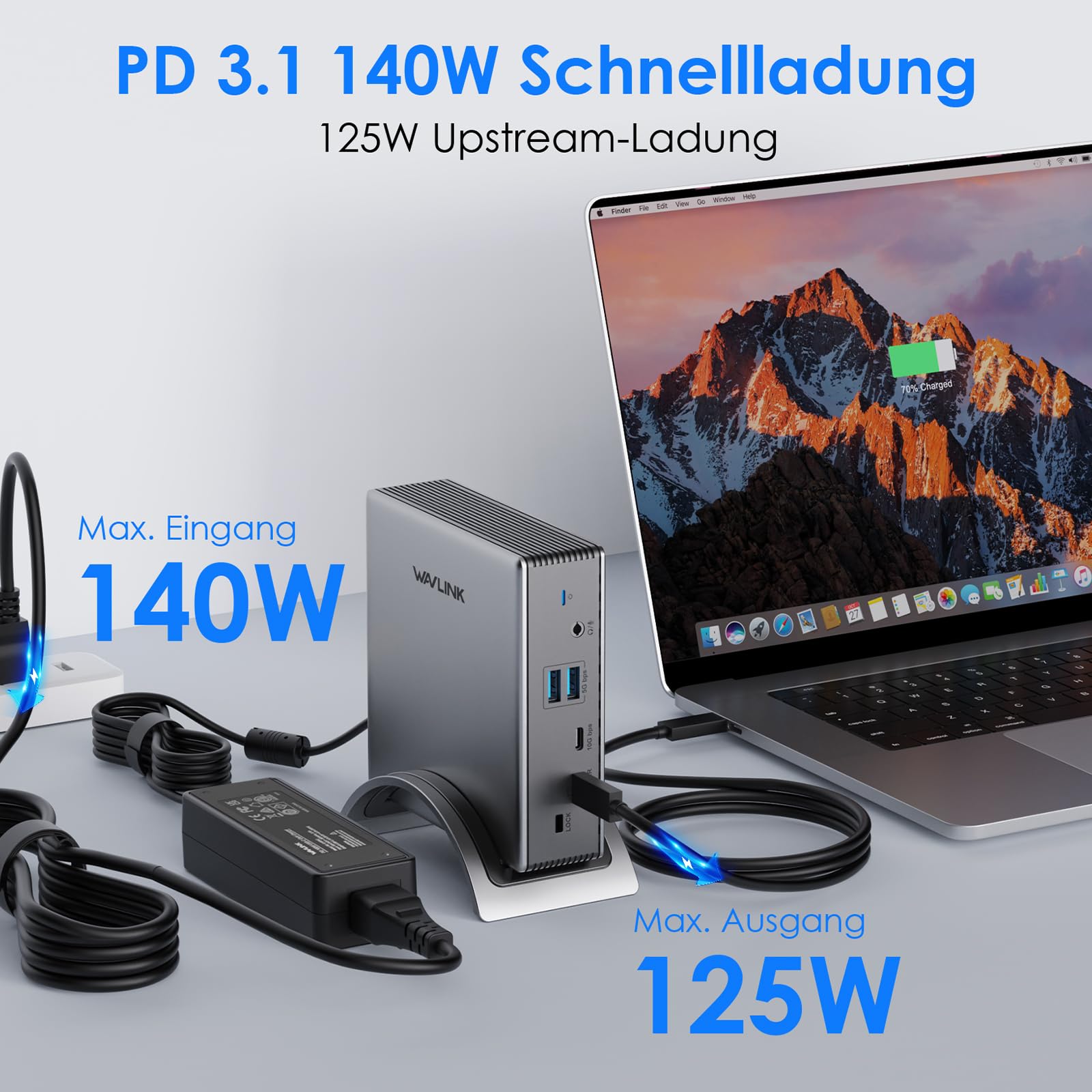 Laptop Docking station, WAVLINK PD3.1 Docking station für 3 Monitore mit 4K@144Hz, 2*HDMI + DP, 140 W PD-Aufladung, USB-C 10 Gb, USB-A 5 Gb, Gigabit-Ethernet, Audio/Mikrofon für Windows-Systemcomputer 7