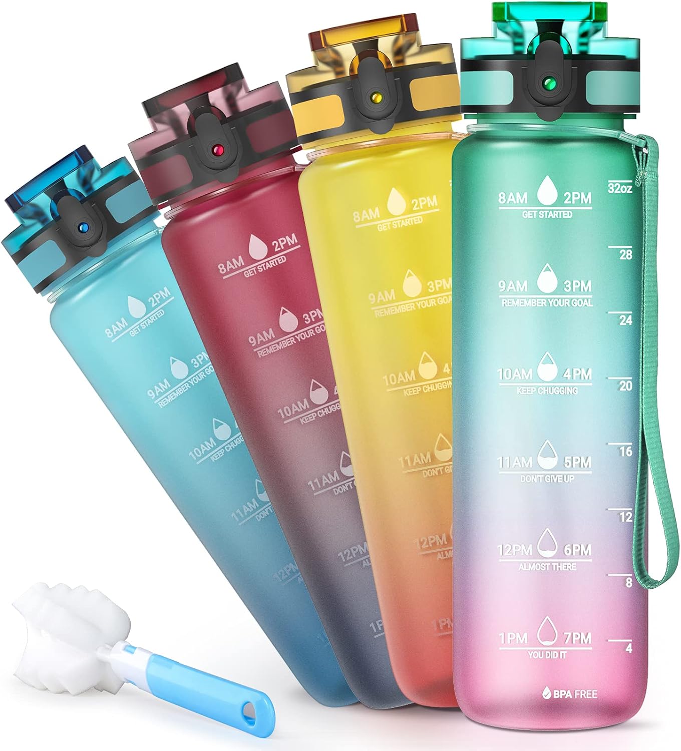 Sahara Sailor Water Bottle, 32oz Motivational Sports Water Bottle with Time Marker - Times to Drink - Non-Toxic Tritan Plastic, BPA Free, Wide Mouth Leakproof, Fast Flow Technology with Clean Brush : Sports & Outdoors