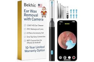 Bekhic® Ear Wax Removal Tool with Camera - 1296P HD Ear Cleaner Otoscope with 6 LED Lights, Wireless Earwax Remover Kit with 8 Pcs Ear Picks, WiFi Ear Scope Cleaning Kit for iPhone, iPad & Android
