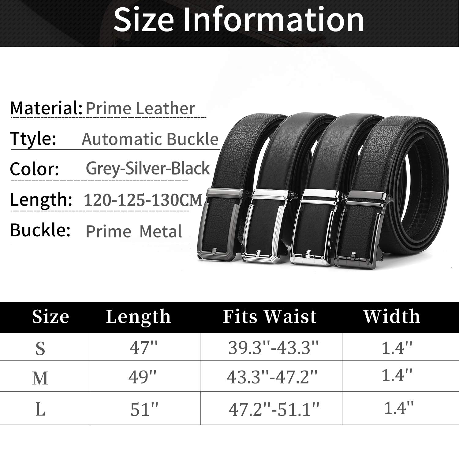 ZHENGYUN Men Adjustable Black Leather Belt, Work Belt, Slide Ratchet Automatic Click Buckle Dress Belts for Jeans Pants Silver L(130CM)