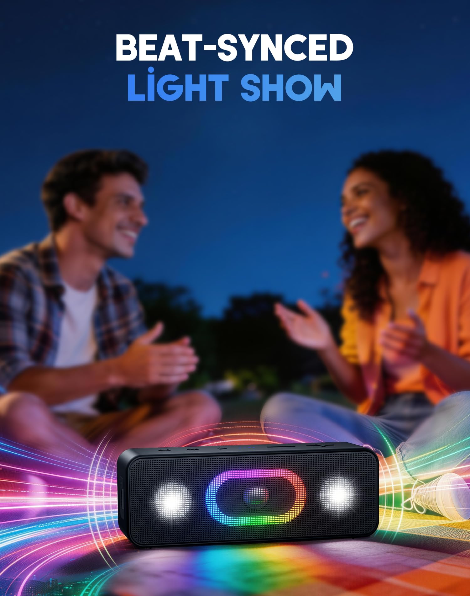Ortizan Bluetooth Lautsprecher, Musikbox Bluetooth 5.3, Dualen Bass-Treibern, 24H Akku, 6 Lighting Effects, AUX-IN, TWS Funktion, Hands-Free Call für Outdoor 7