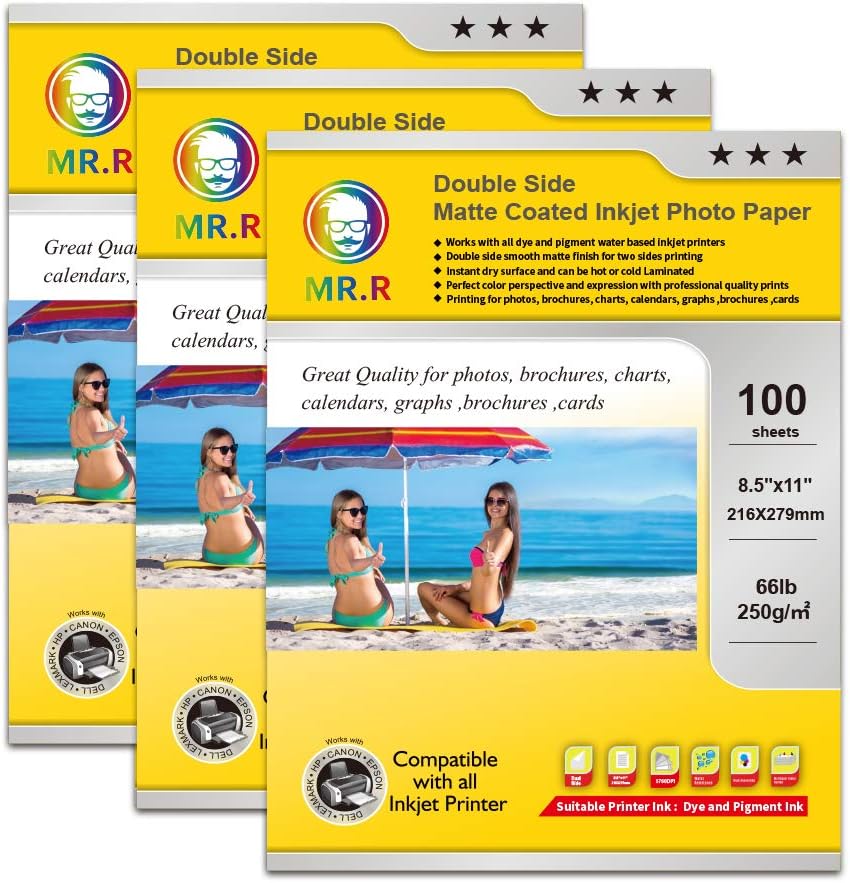 MR.R Double Side Matte Coated Inkjet Photo Paper 120gsm,A4 210x297mm Pack of 100 Sheets, white, A4 x 100 sheets