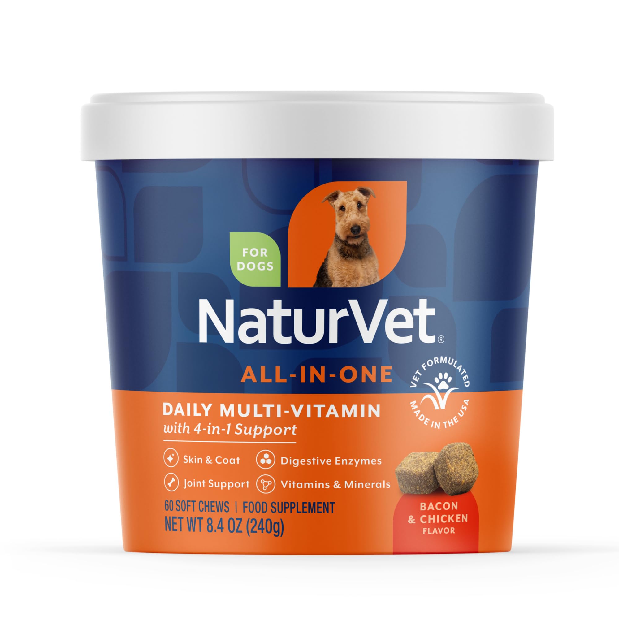 NaturVet All-in-One Dog Supplement - for Joint Support, Digestion, Skin, Coat Care – Dog Multivitamins with Minerals, Omega-3, 6, 9 – Wheat-Free Vitamins for Dogs – 60 Soft Chews