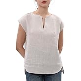 Amazhiyu Women's 100% Linen V Neck Cap Sleeve Blouse Basic Casual Summer Top