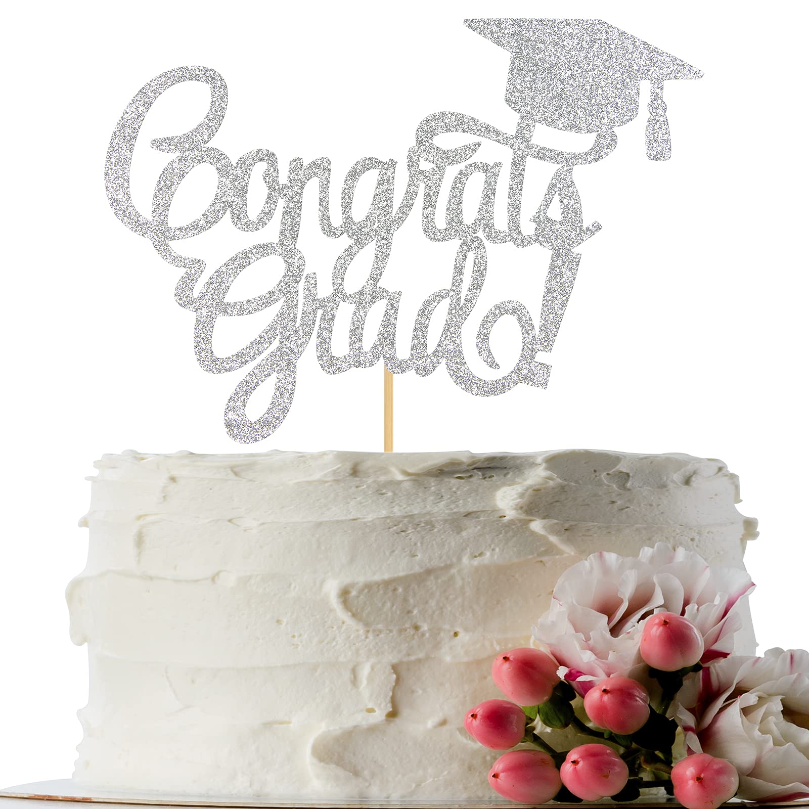INNORU Congrats Grad Cake Topper - Silver Glitter Class of 2021 Graduate Party Decorations Supplies - High School Graduation, College Graduate Cake Topper