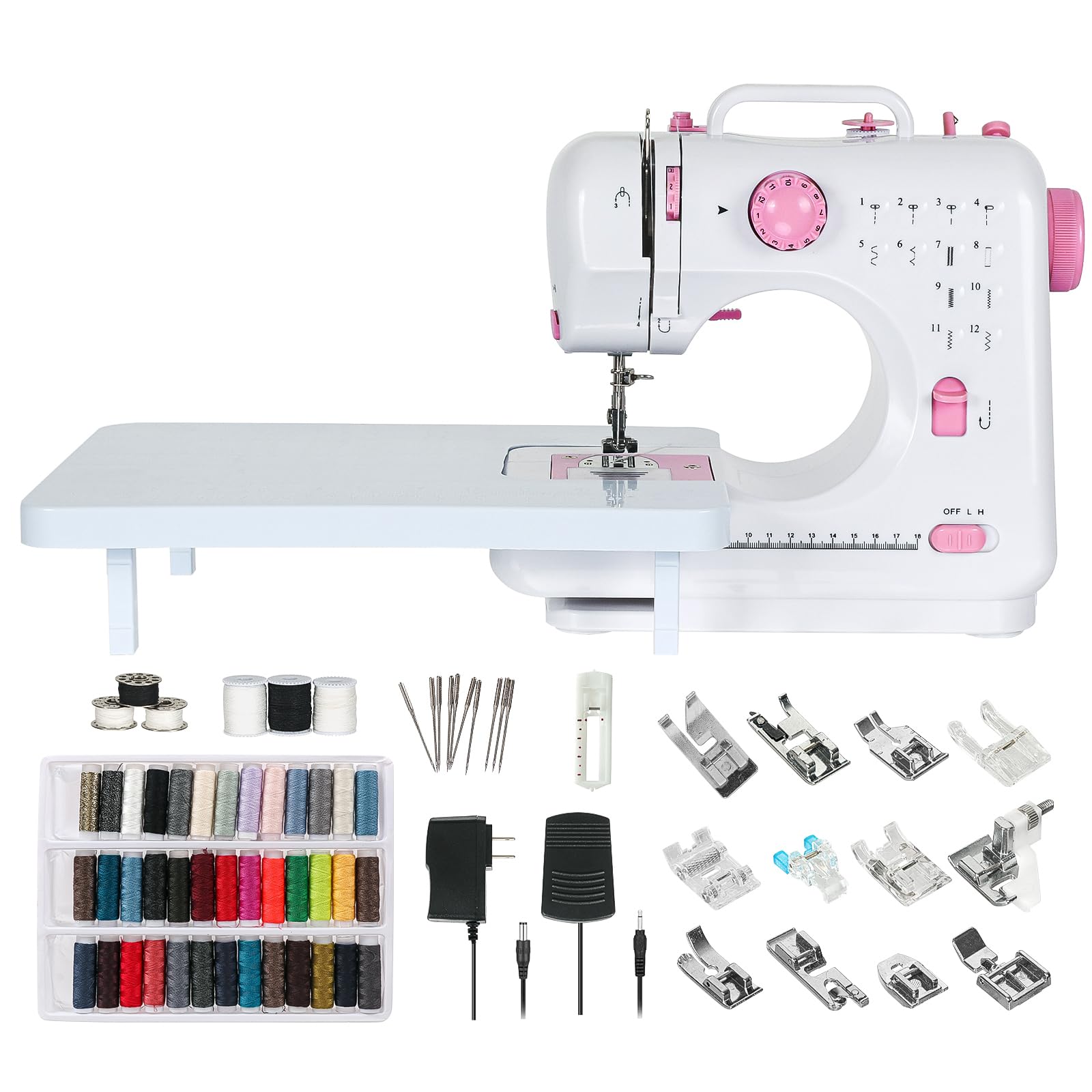 Photo 1 of Sewing Machine for Beginners, Mini Sewing Machine Built-in 12 Stitches, 13 Replaceable Presser Feet, Extension Table, Light, Reverse Sewing, 2 Speed Foot Pedal, Portable Sewing Kit
