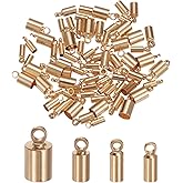 HARFINGTON 80pcs Cord End Cap 2mm 2.4mm 3mm 4.6mm Brass Barrel End Caps with Storage Box for DIY Bracelets Necklaces Tassels, Light Gold