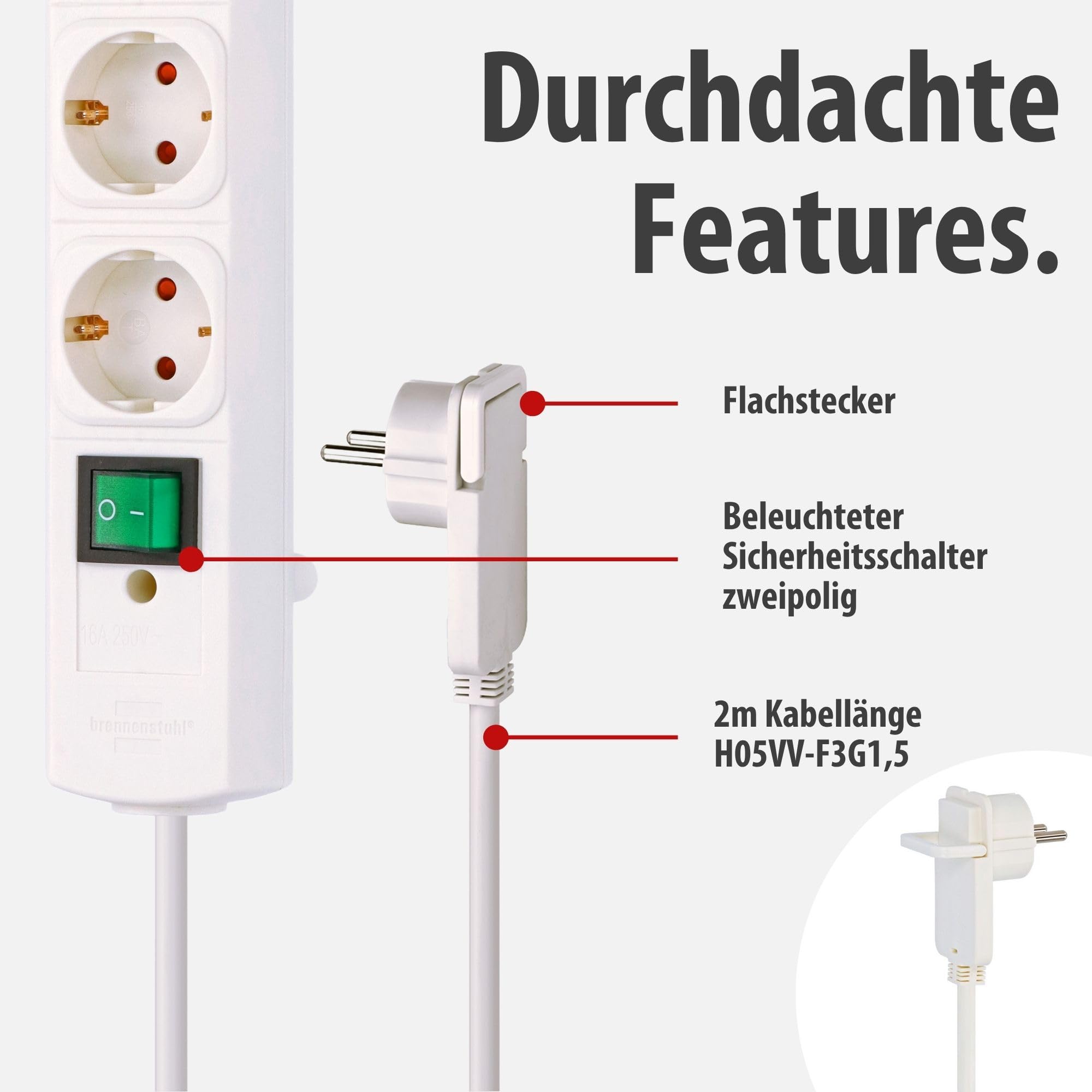 Brennenstuhl Comfort-Line Plus Steckdosenleiste 4-Fach (Steckerleiste mit Flachstecker und Schalter, Mehrfachsteckdose mit 2m Kabel und extra Breiten Abständen der Steckdosen) weiß 4