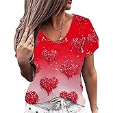 Cute Heart Graphics T-Shirt Women Valentines Shirt Colorful Dye Love Printed V-Neck Short Sleeves Retro Tee Top