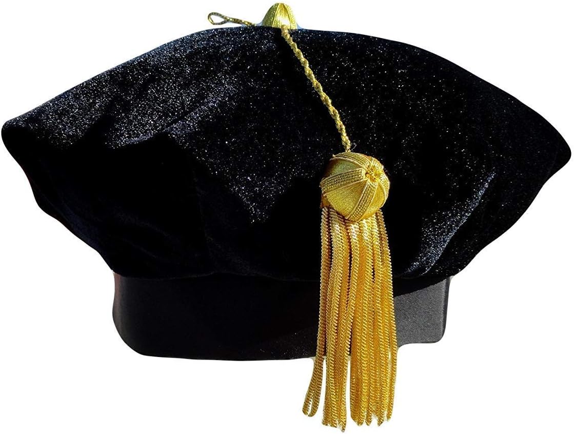Fristaden Graduation Doctoral Tam, 8-Sided, Black Velvet with a Gold Tassel, Satin Band, Sizes XS-XL